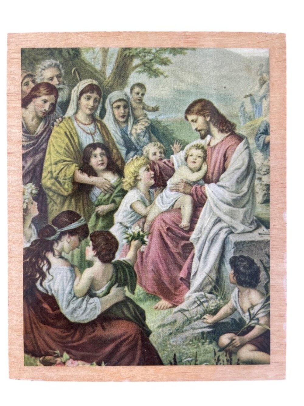 Jesus With Children Religious Wooden Plaque Handmade Vintage 1947 Happy Easter
